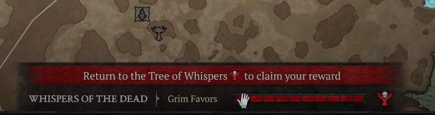 Image of the map of Diablo 4, showing the Tree of Whispers meter at the bottom of the screen.