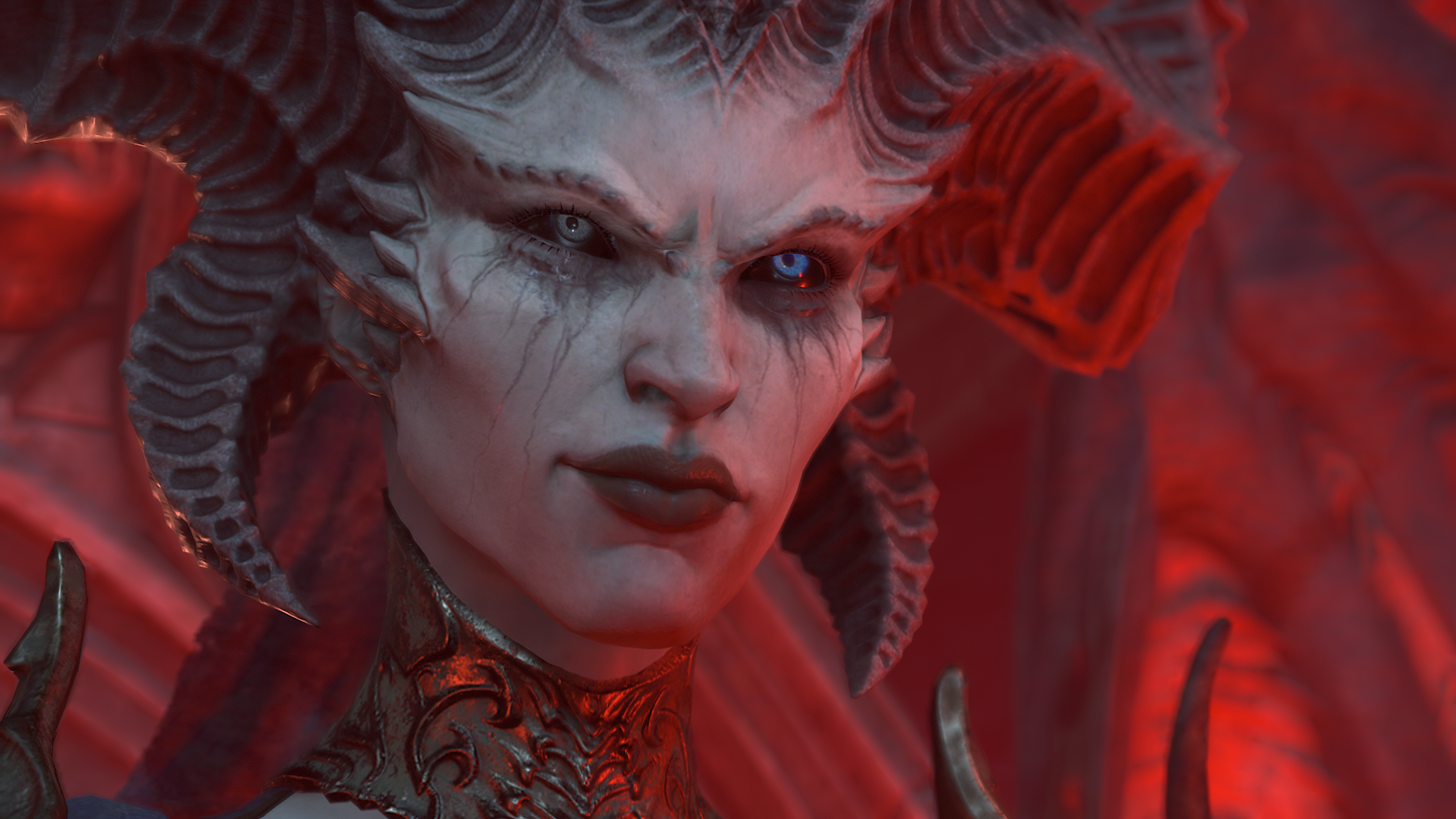 Diablo 4 Lilith: a close up of a demonic looking woman with horns coming out of her head