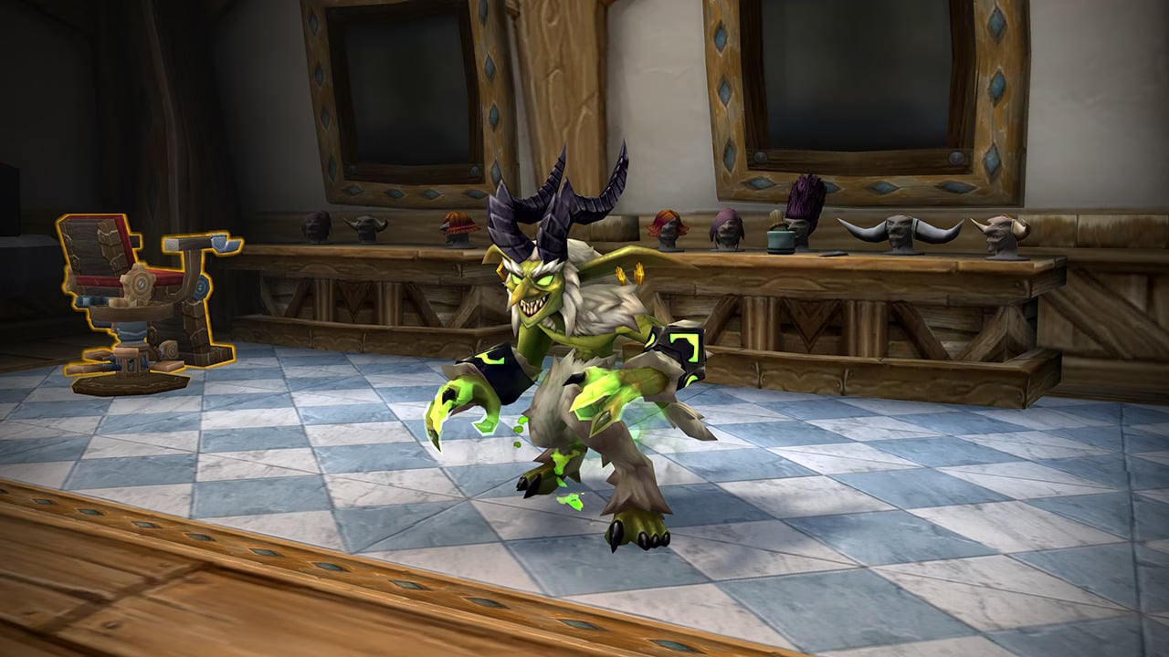 A picture of a green Warlock imp in the Barbershop.