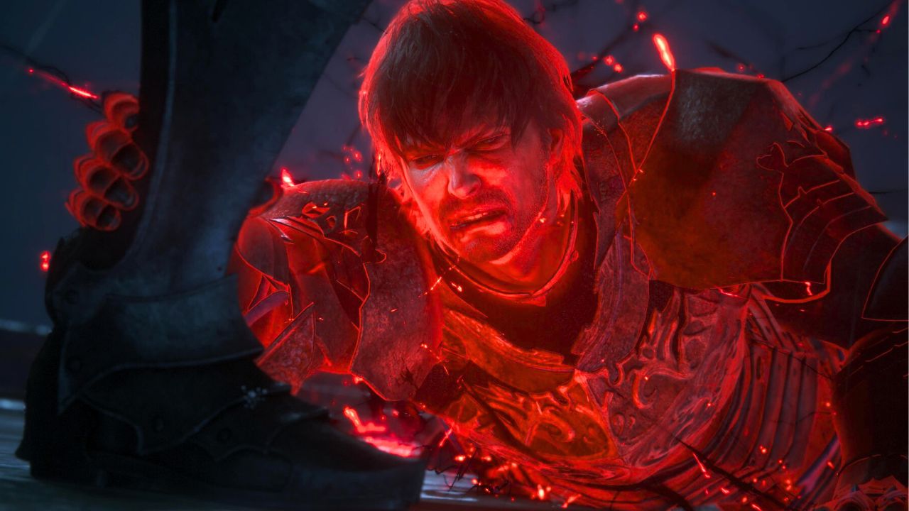 Man lying on the ground grabbing a shoe in Final Fantasy 16