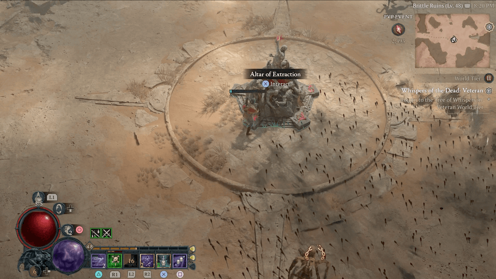 A Diablo 4 character interacting with the Altar of Extraction.