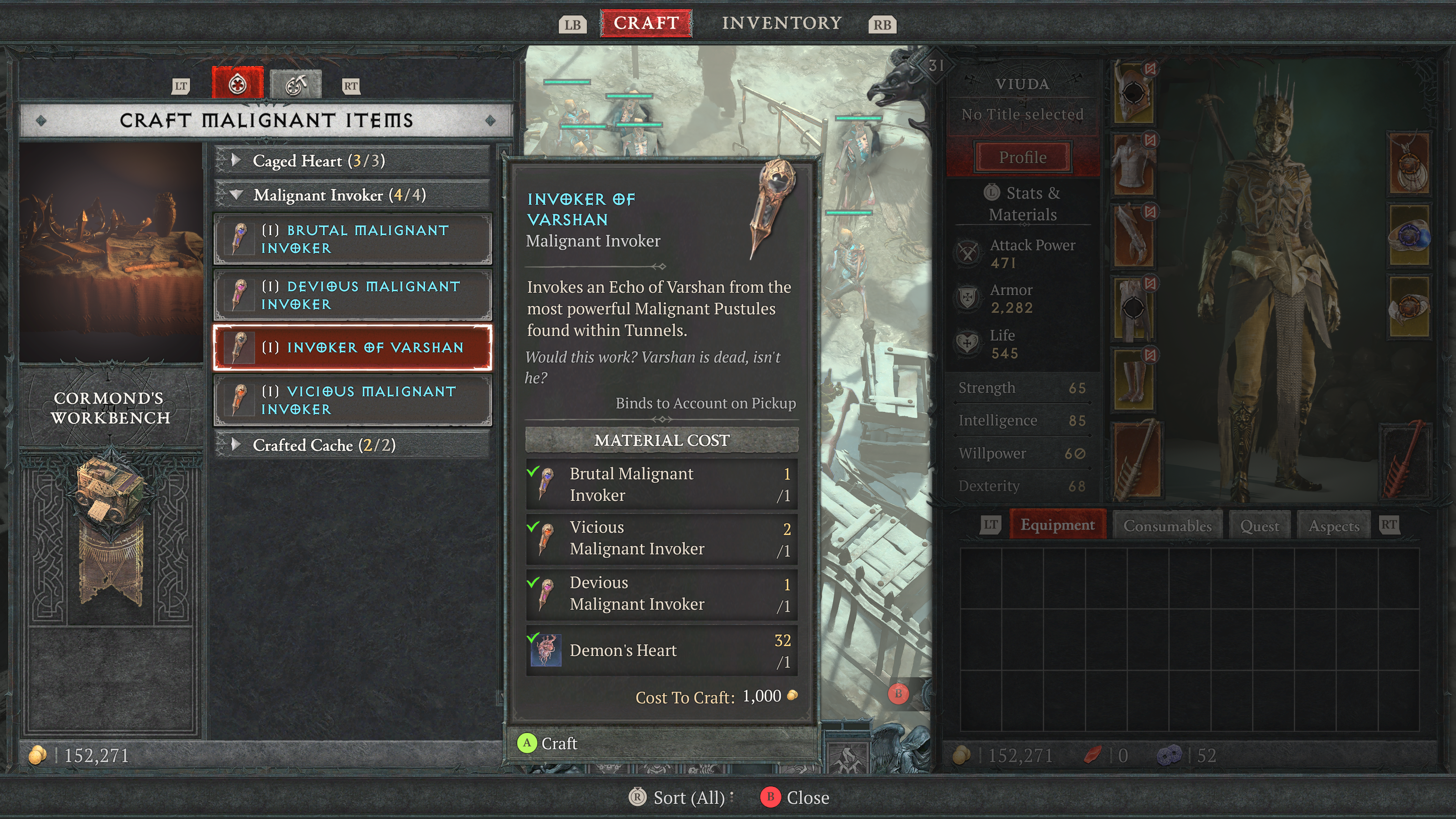 The menu to craft the Invoker of Varshan in Diablo 4 at Cormond's Workbench.