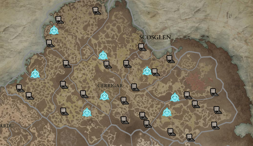A screenshot of the map in Diablo 4 detailing the locations of cellars and waypoints in the Scosglen region.