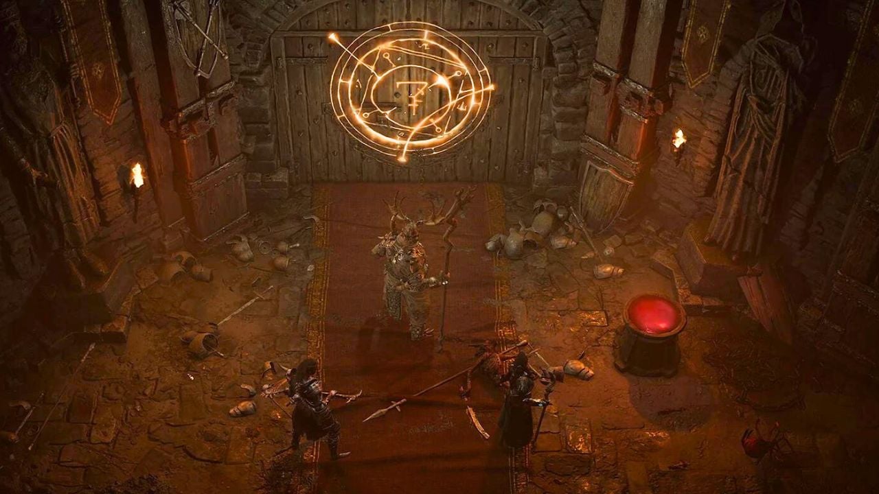 Three people standing in front of a glowing door with a symbol on it in Diablo 4