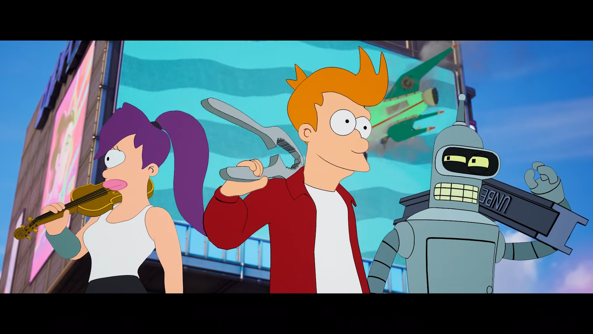 Leela, Fry, and Bender standing in front of the Planet Express ship that has crashed into a screen.