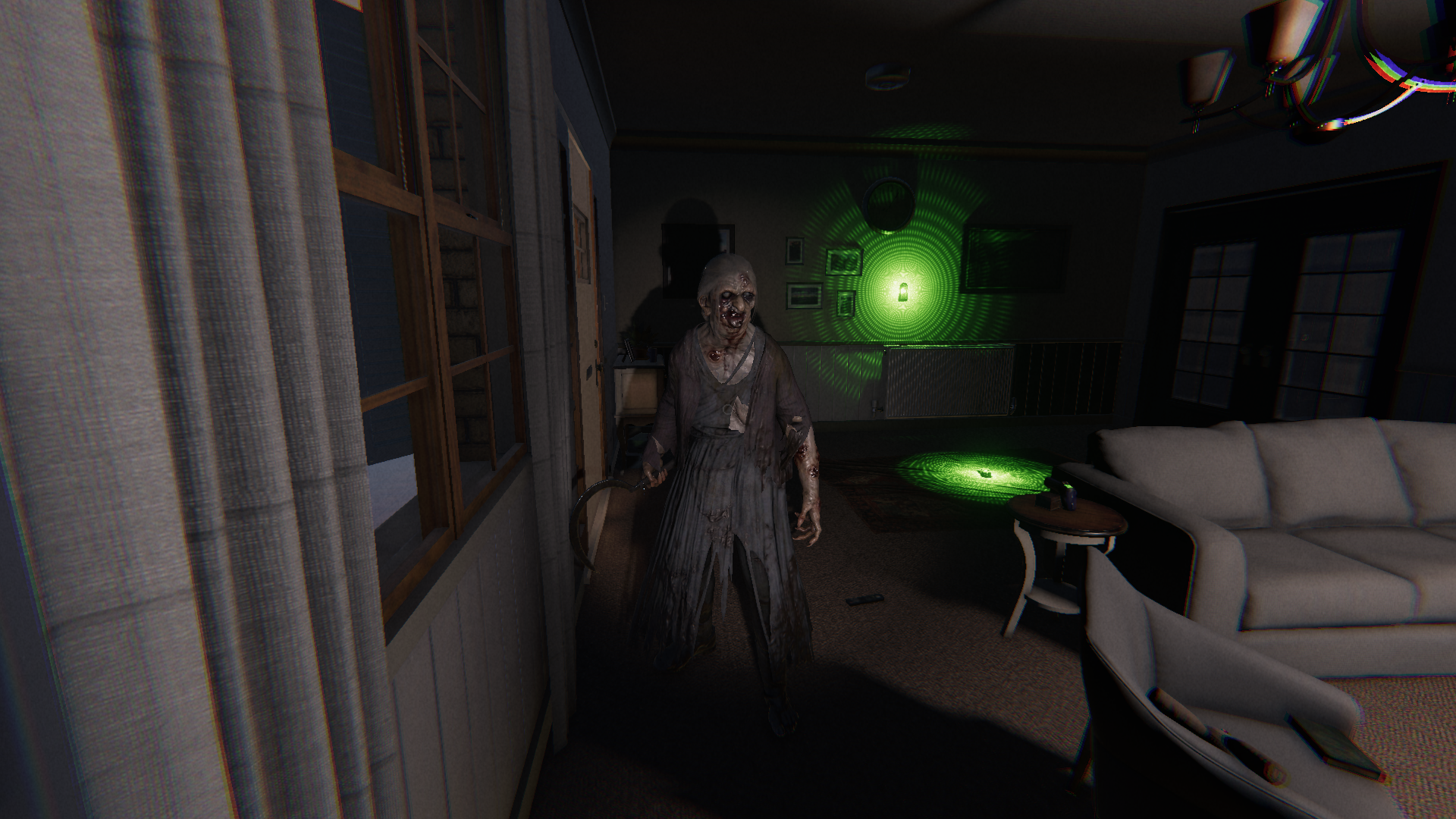 A materialized ghost standing in front of the player with a DOTS projector behind them.