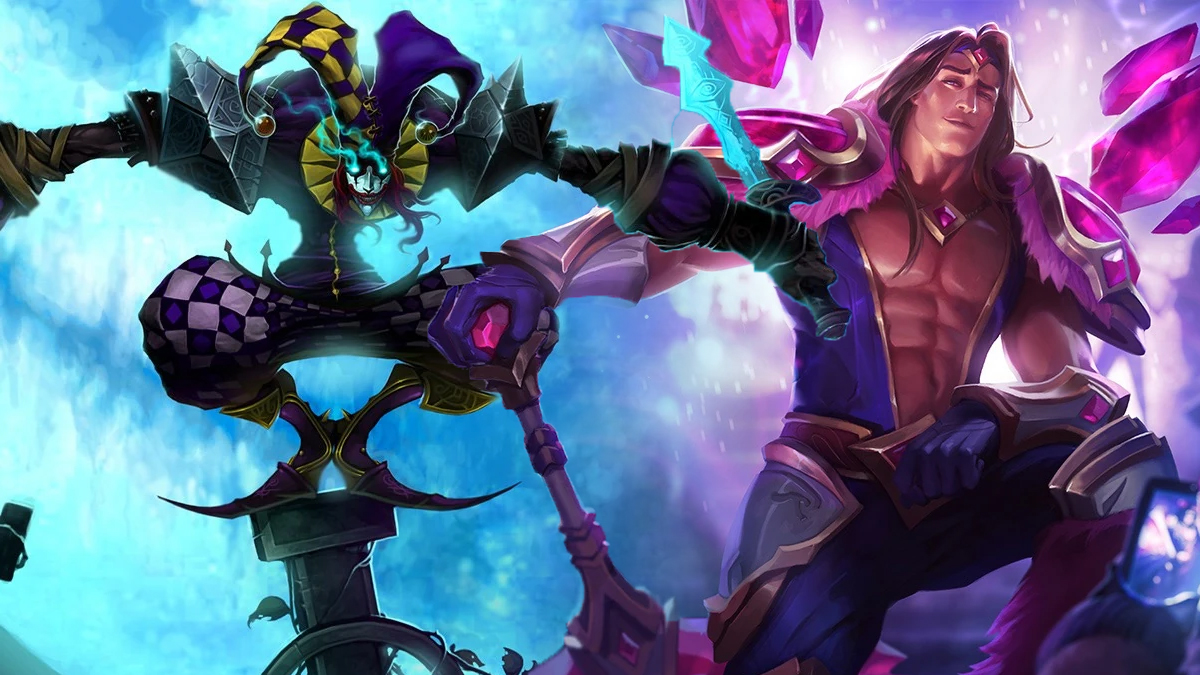 Shaco (left), holding a glowing blue blade and standing precariously on a gravestone, next to Taric (right), leaning on an axe and posing in League of Legends.