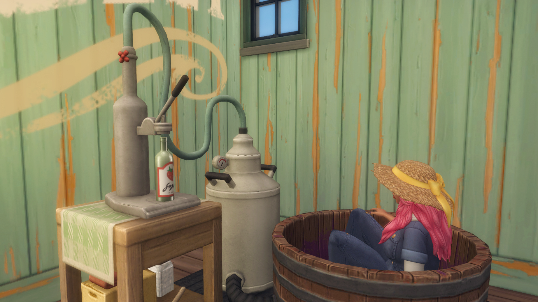 A Sim sitting in the wooden Nectar-making machine after falling down.