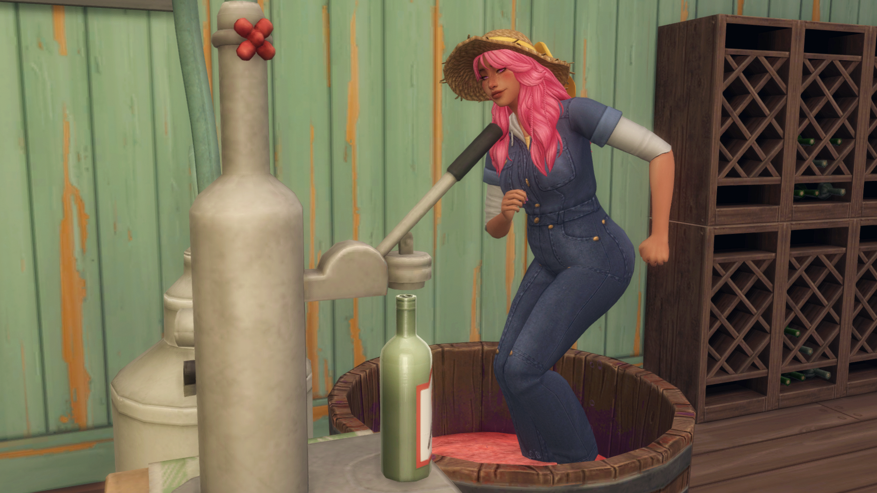 A Sim making Nectar with the Nectar makig machine by stepping on fruit.