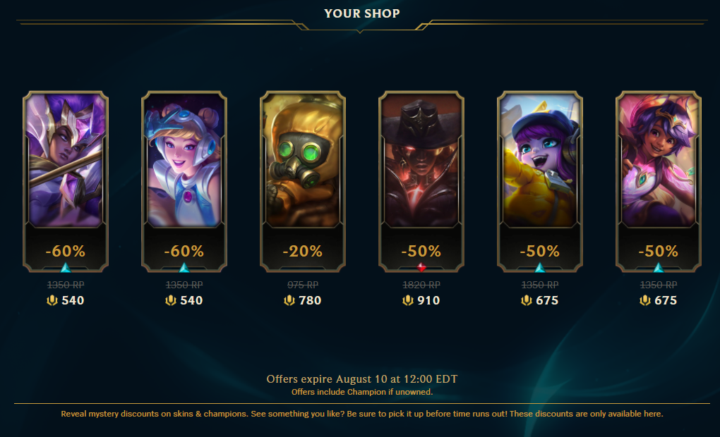 A support player's Your Shop, consisting of discounts for Star Guardian Rell, Space Groove Lux, Hazmatt Heimerdinger, High Noon Senna, Monster Tamer Lulu, and Faerie Court Milio.