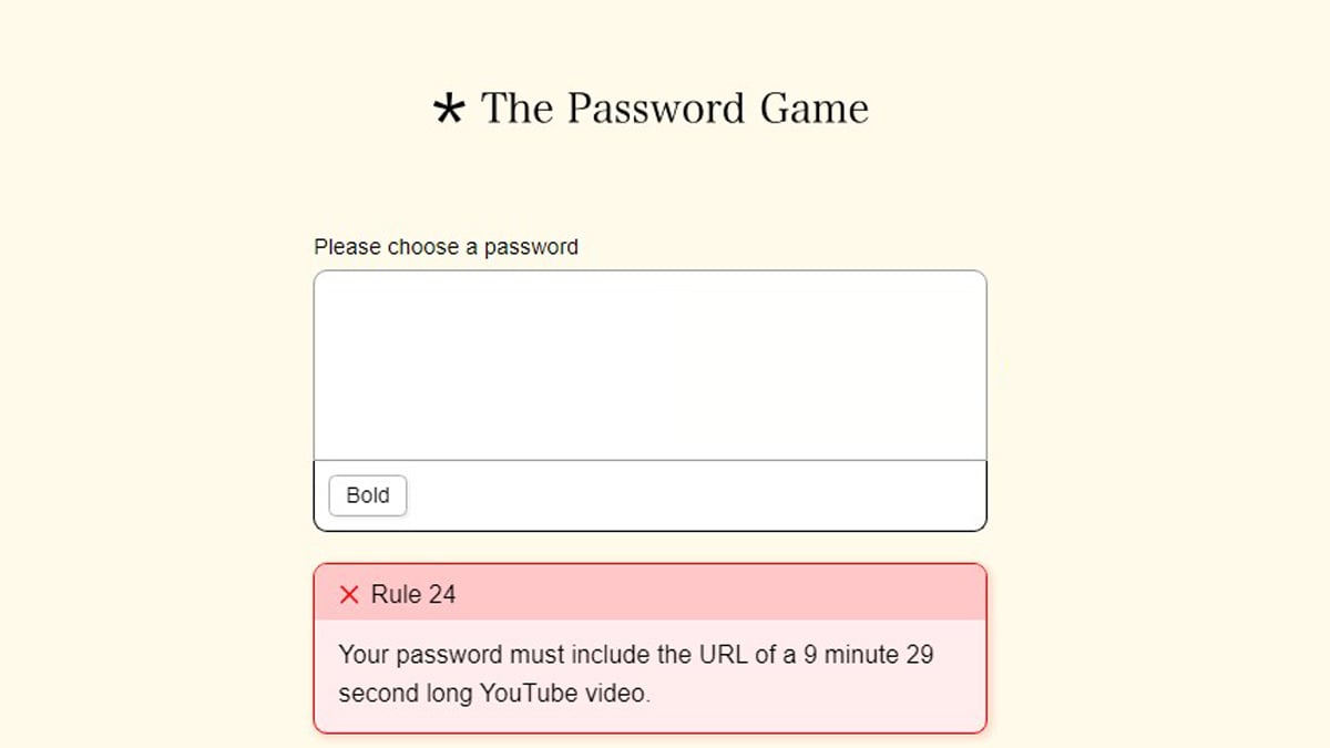 Una captura de pantalla de The Password Game, con un cuadro rojo que resalta una regla que se ha incumplido.