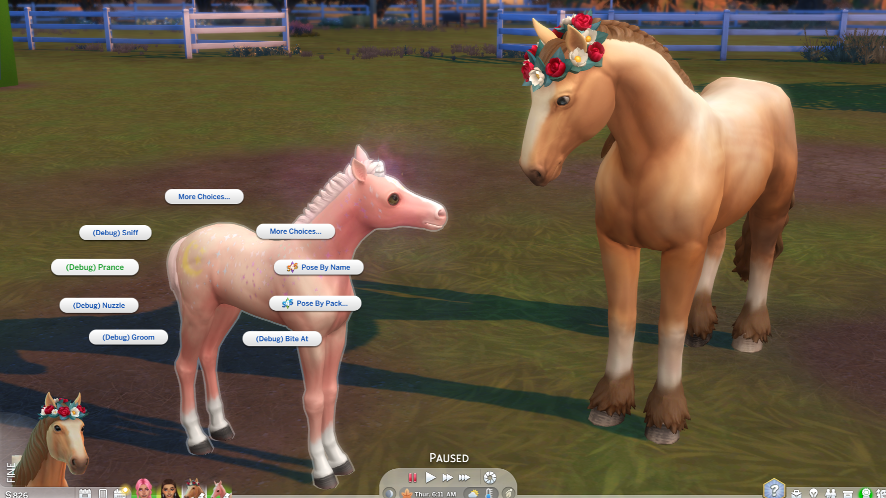 A tan and brown adult horse with a flower crown looking at a pink foal with the playable pet interaction menu open.