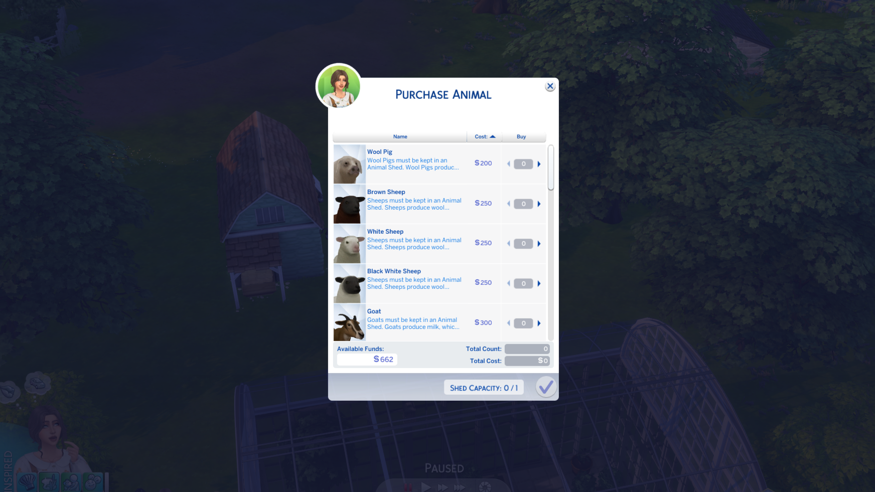 The Farm Animal set mod menu open with a few animals featured including the Woolf Pig, Sheep, and a Goat.