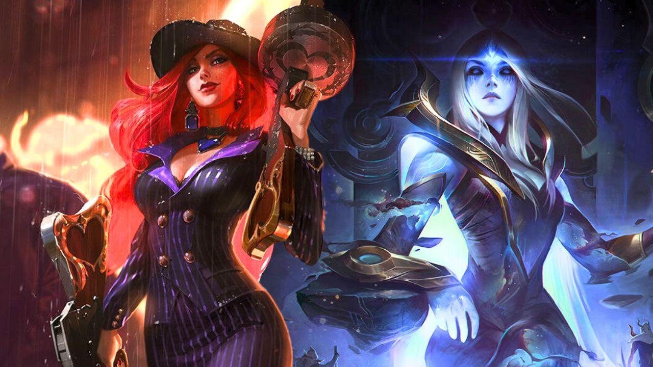 Woman wearing suit and wielding a gun and a woman surrounded by stars with a bow in League of Legends