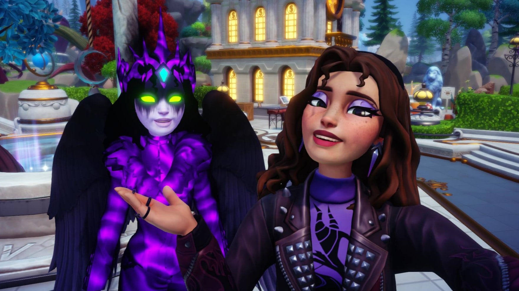 The player taking an exciting selfie with the purple, Forgotten character and smiling.