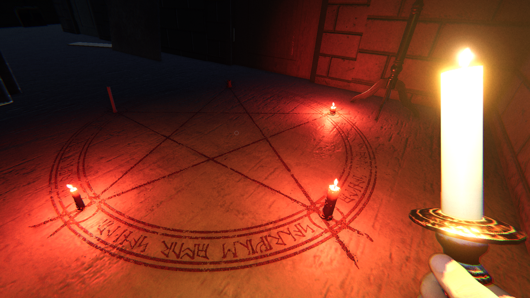 The player holding a candle and lighting the candles around the Summoning Circle.