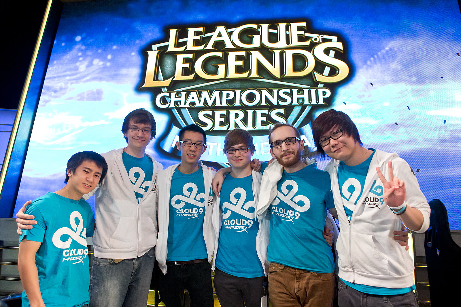 Cloud9 poses after winning the 2014 Spring Playoffs.