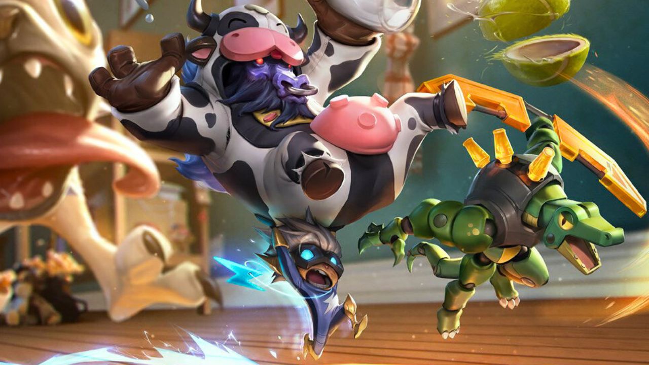 A cow being carried by a superhero beside a crocodile in League of Legends.