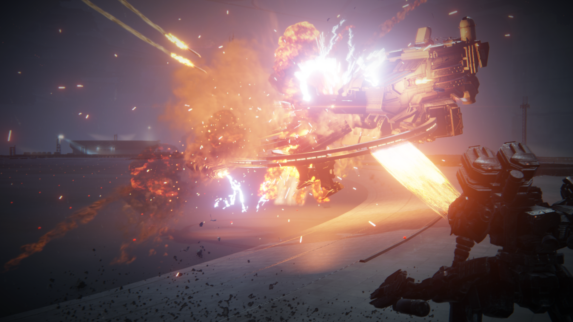 Displays a screenshot of a mech battle in Armored Core 6.