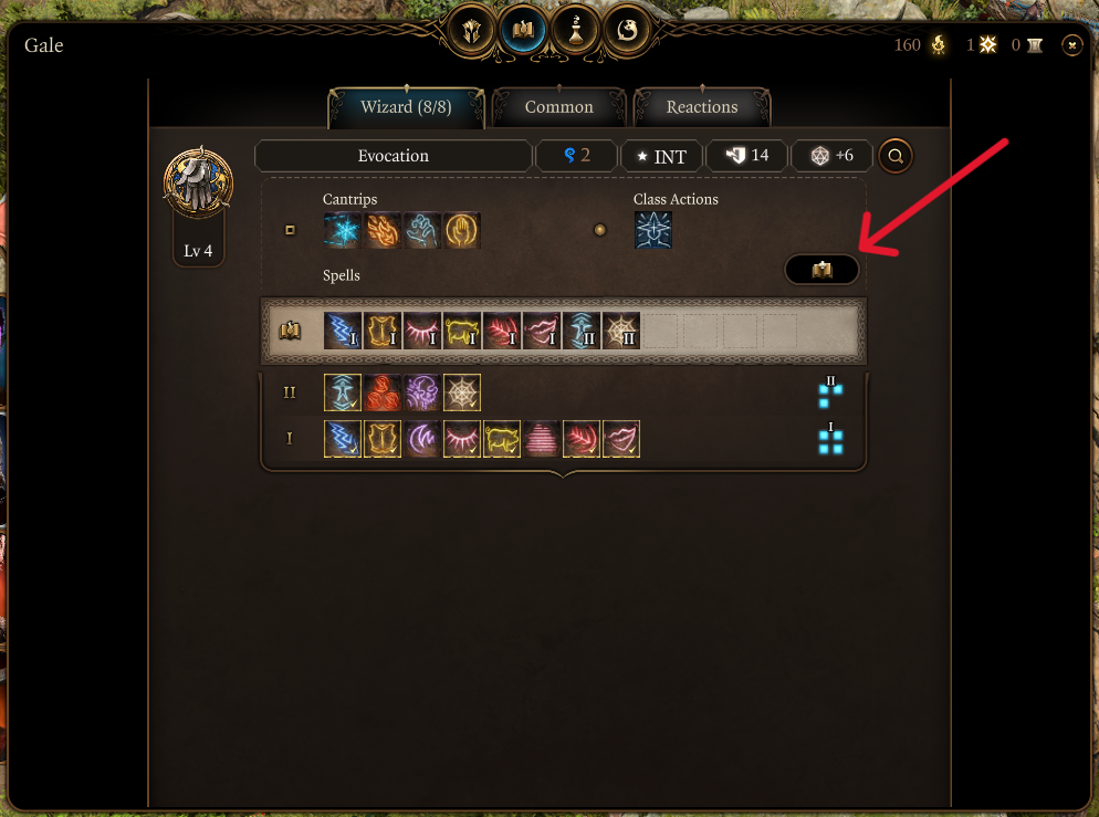 Image displays the Spellbook menu for Gale, a Wizard in Baldur's Gate 3.