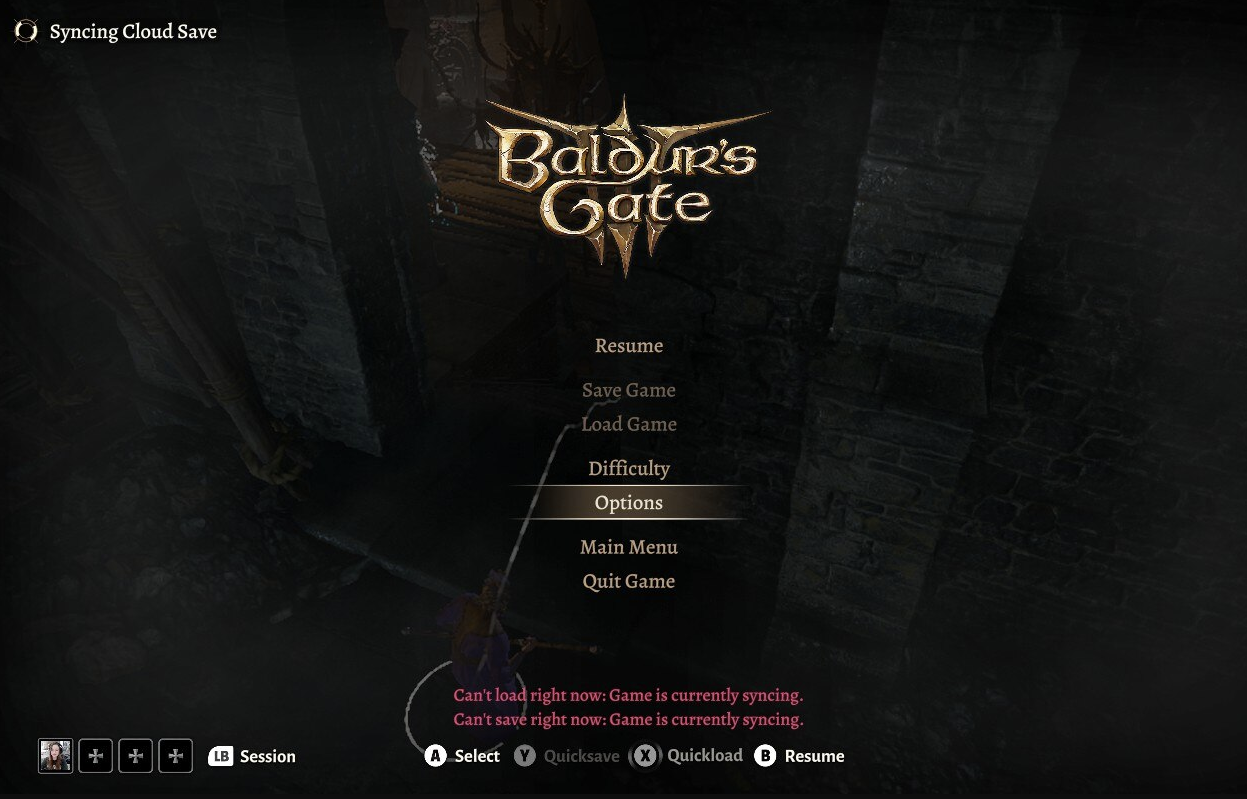 A screenshot from Baldur's Gate 3 that shows the menu screen while the game is attempting to cross-save.