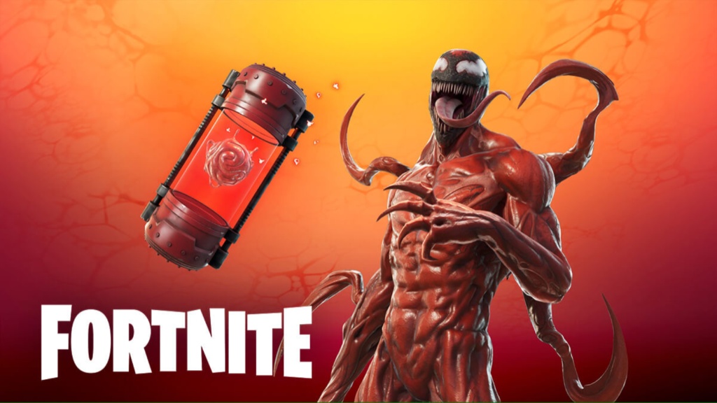 Carnage is front and center in all his gross glory waving his tongue around. A glass container containing an item is showcased on the left.