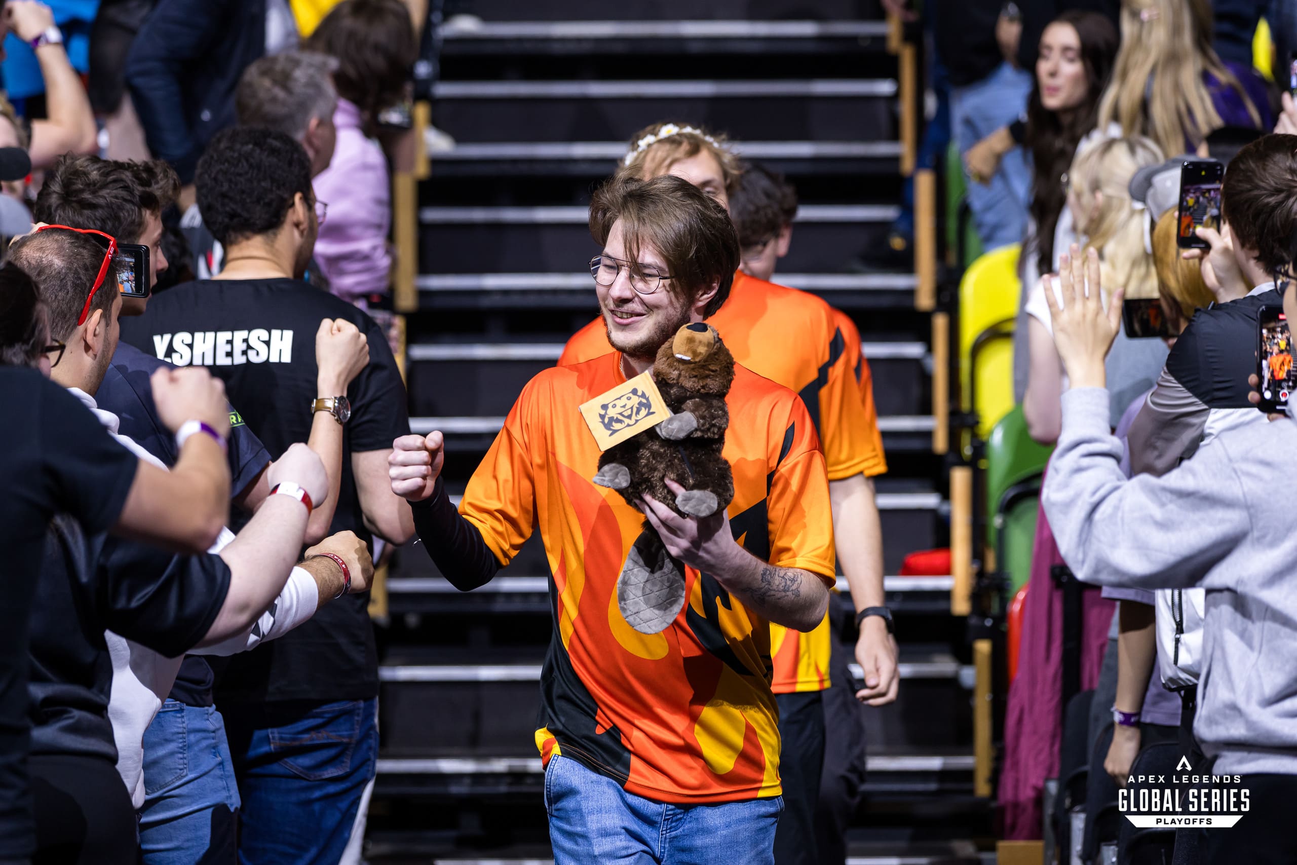 Svyatoslav "ojrein" Korochinsky walks out with Fire Beavers' mascot at the Split Two Playoffs.