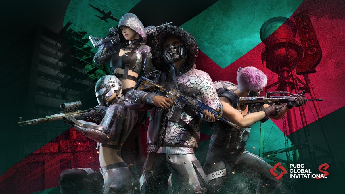 Four PUBG characters holding guns with a green and red background.