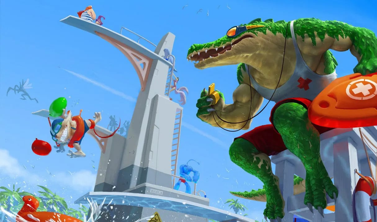 Pool Party Renekton watching over Pool Party Ziggs as the latter jumps into a pool.