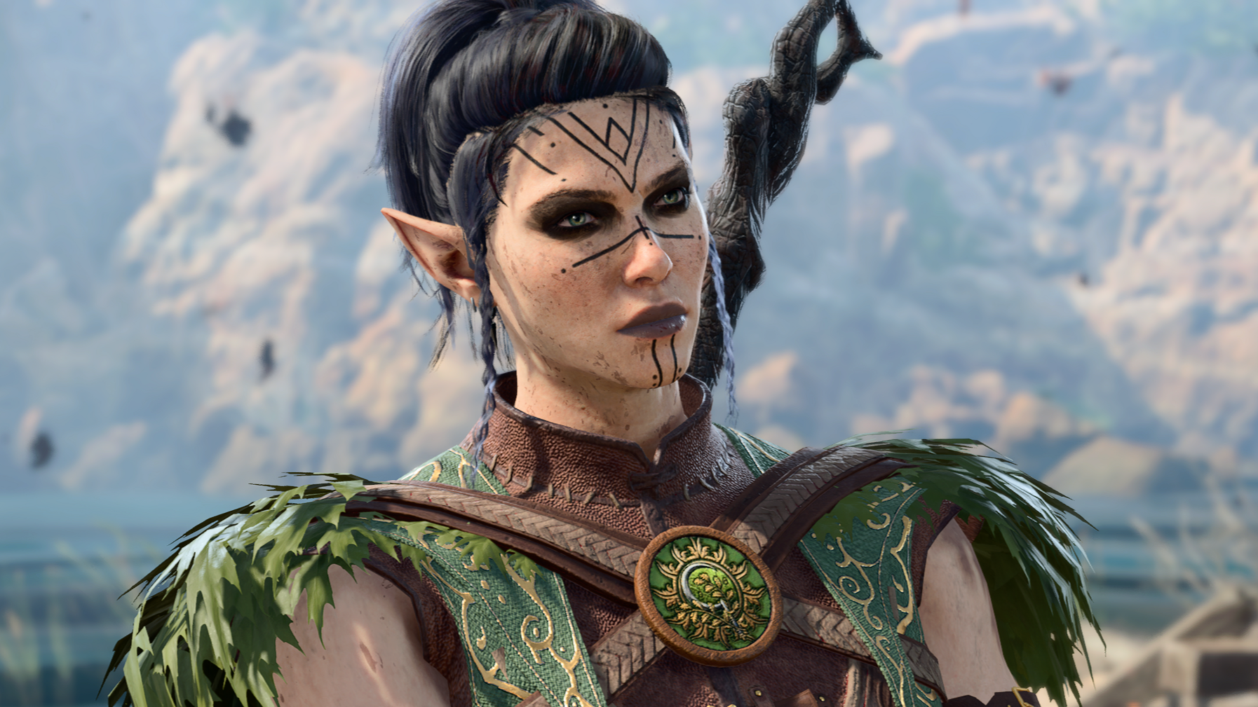 Baldur's Gate elf stands with crossed arms, looking suspicious