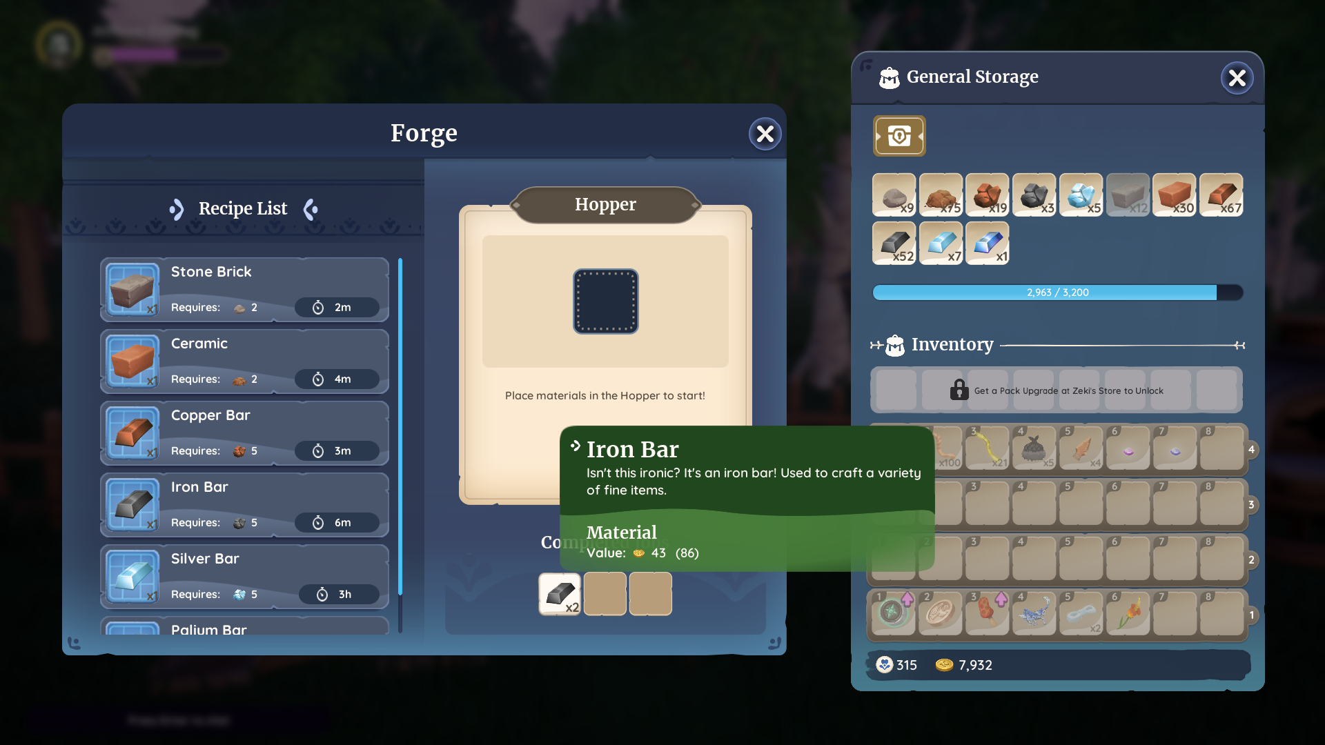 Visuals of what the inside of a Smelter crafting station in Palia looks like when it produces an Iron Bar