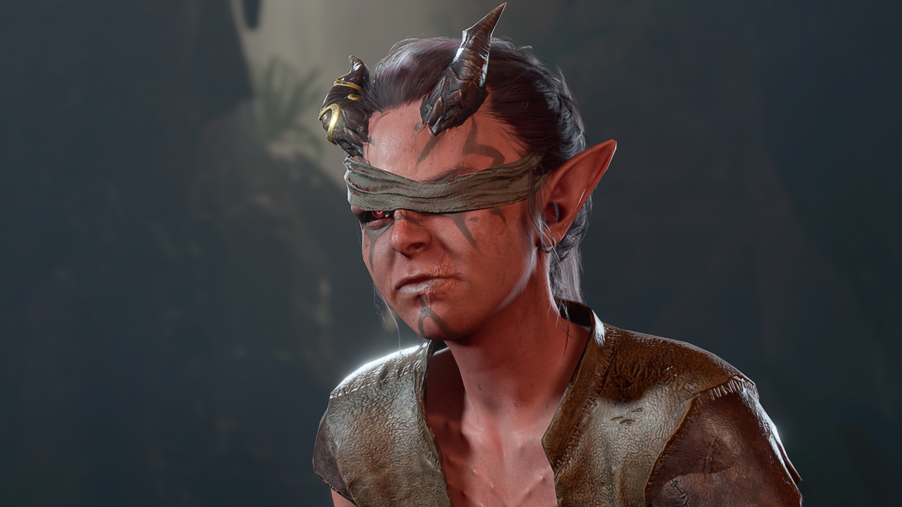 Baldur's Gate Mol, a red Tiefling with a banage over one eye, looks annoyed