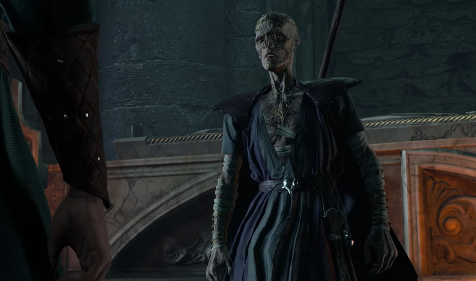 Image of a skeletal humanoid emerging from his tomb. He appears menacing, but does not mean harm.