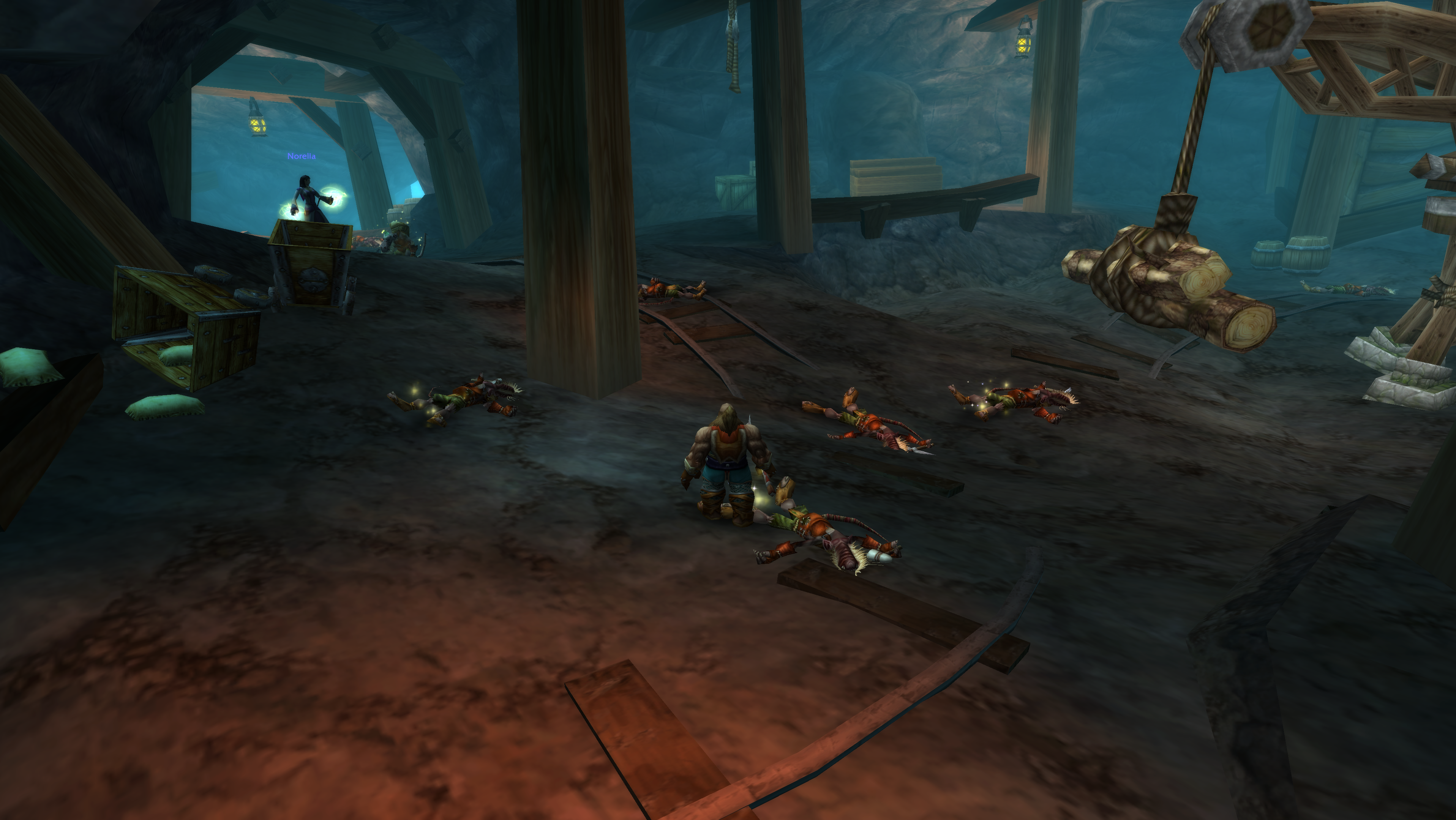 A WoW Classic player stands over the corpses of many dead kobolds in the Fargodeep Mine.