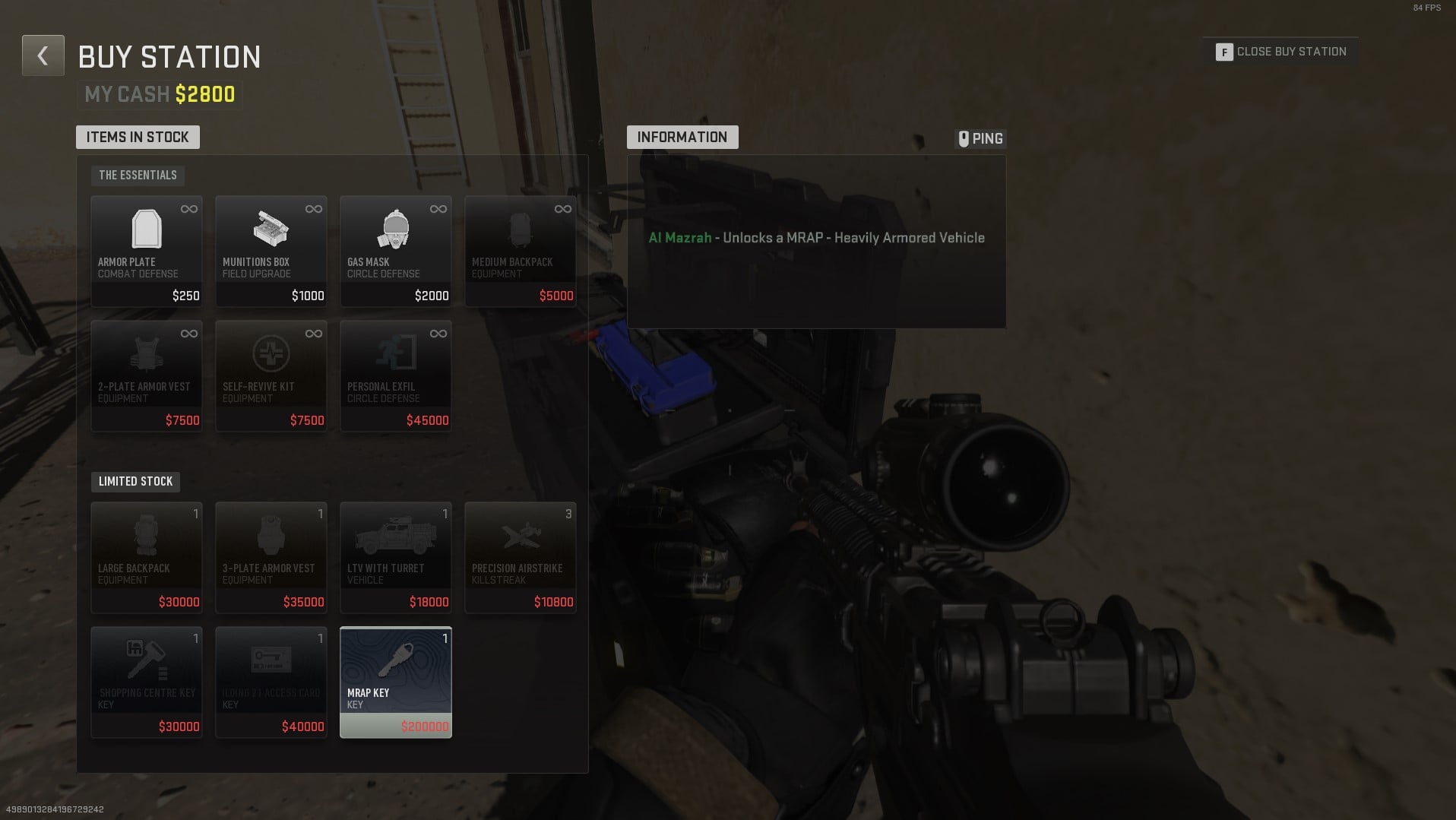 An open buy station in DMZ, with the MRAP Key selected, displaying its cost.