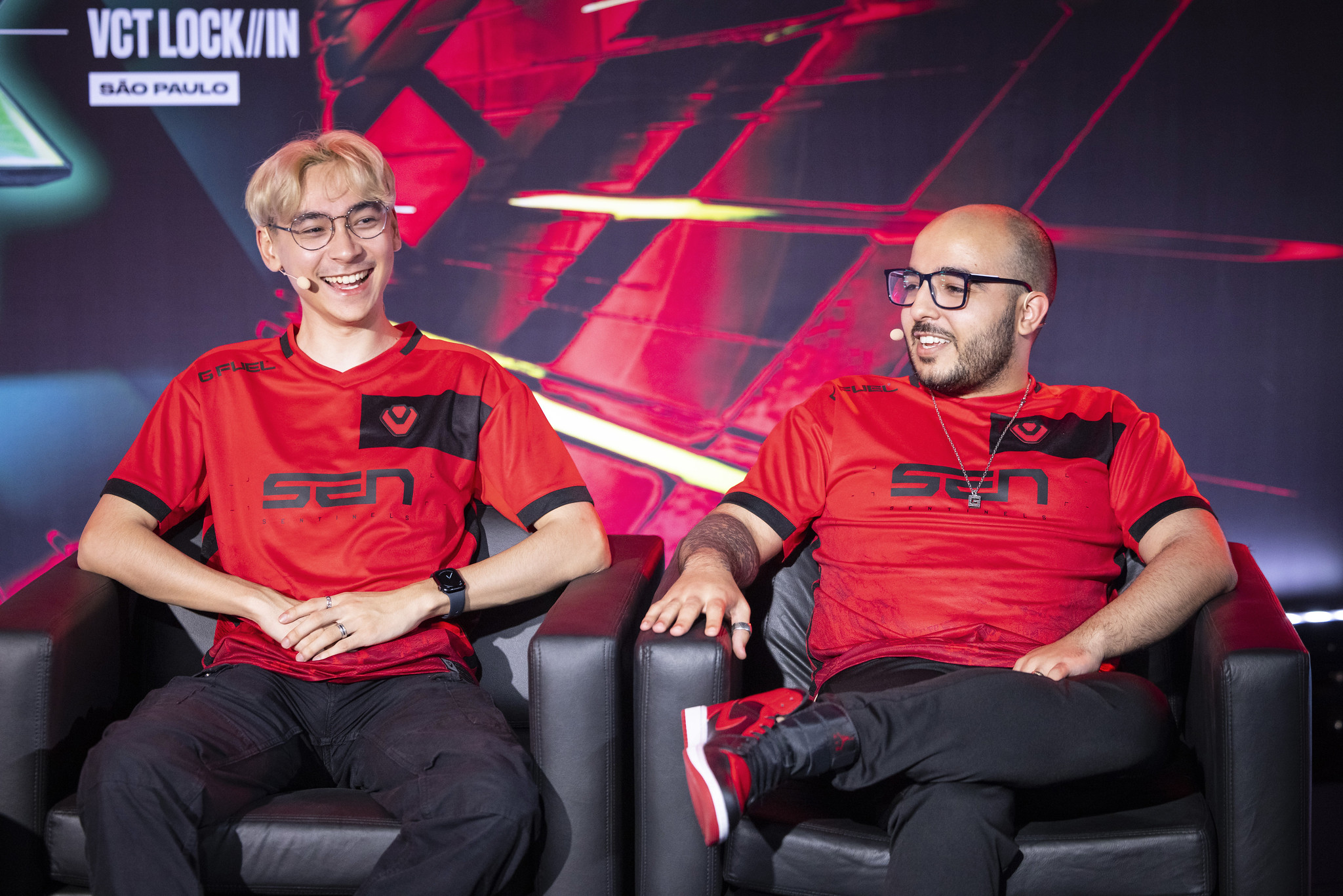 Tyson "TenZ" Ngo (L) and Gustavo "Sacy" Rossi of Sentinels at VCT LOCK//IN.