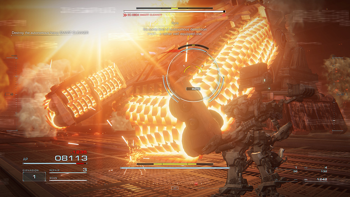 A giant mech with glowing arms attacks in Armored Core 6.