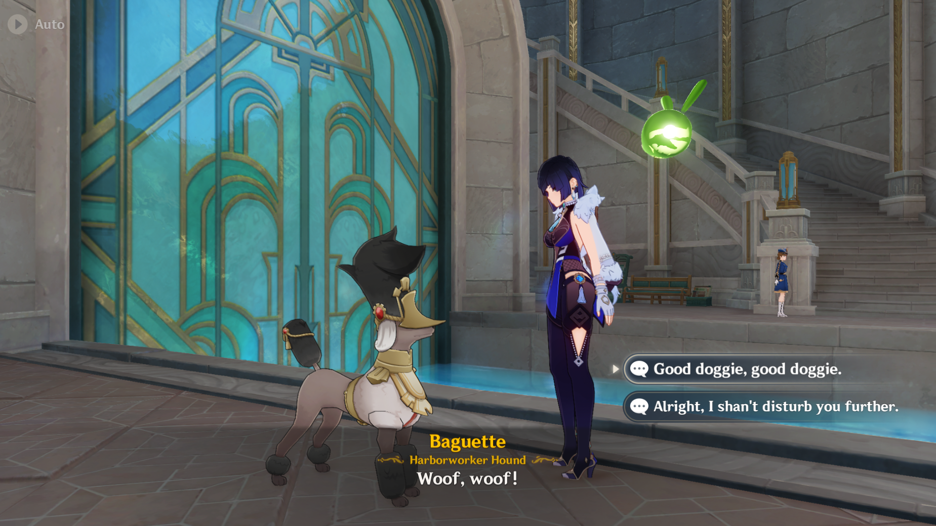 Yelan talking to Baguette the dog.