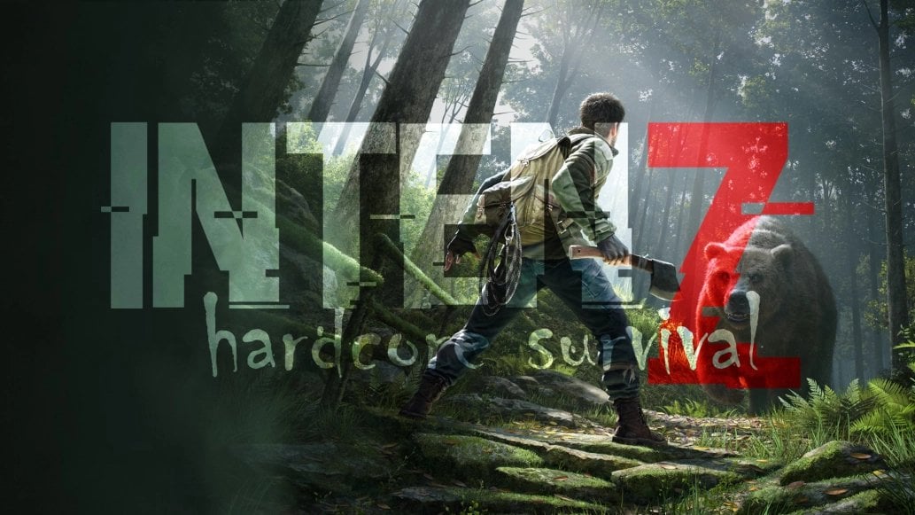 A DayZ character facing off a bear with the IntenZ hardcore survival logo in the middle