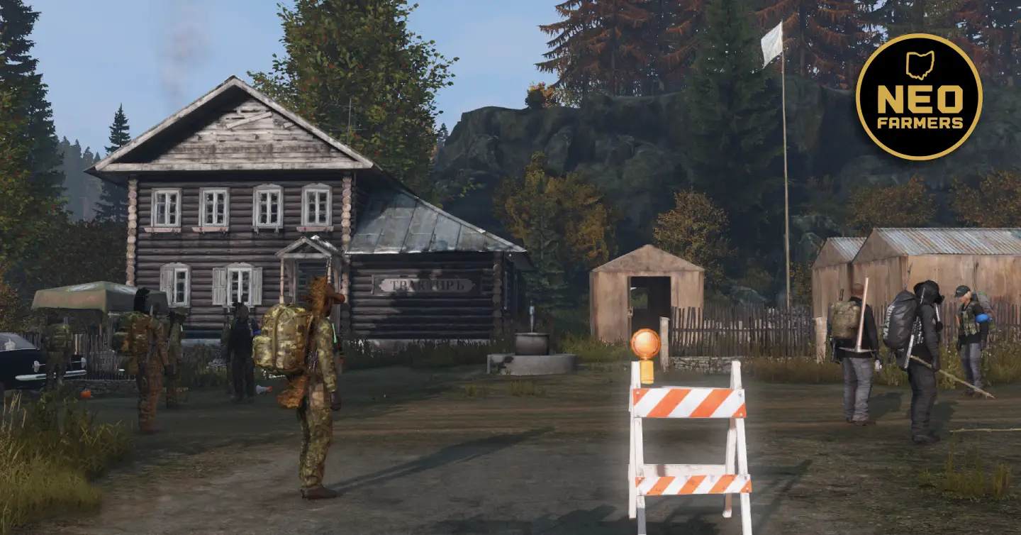 Players standing around in front of a house in DayZ with NEO Farmers logo in the top right corner