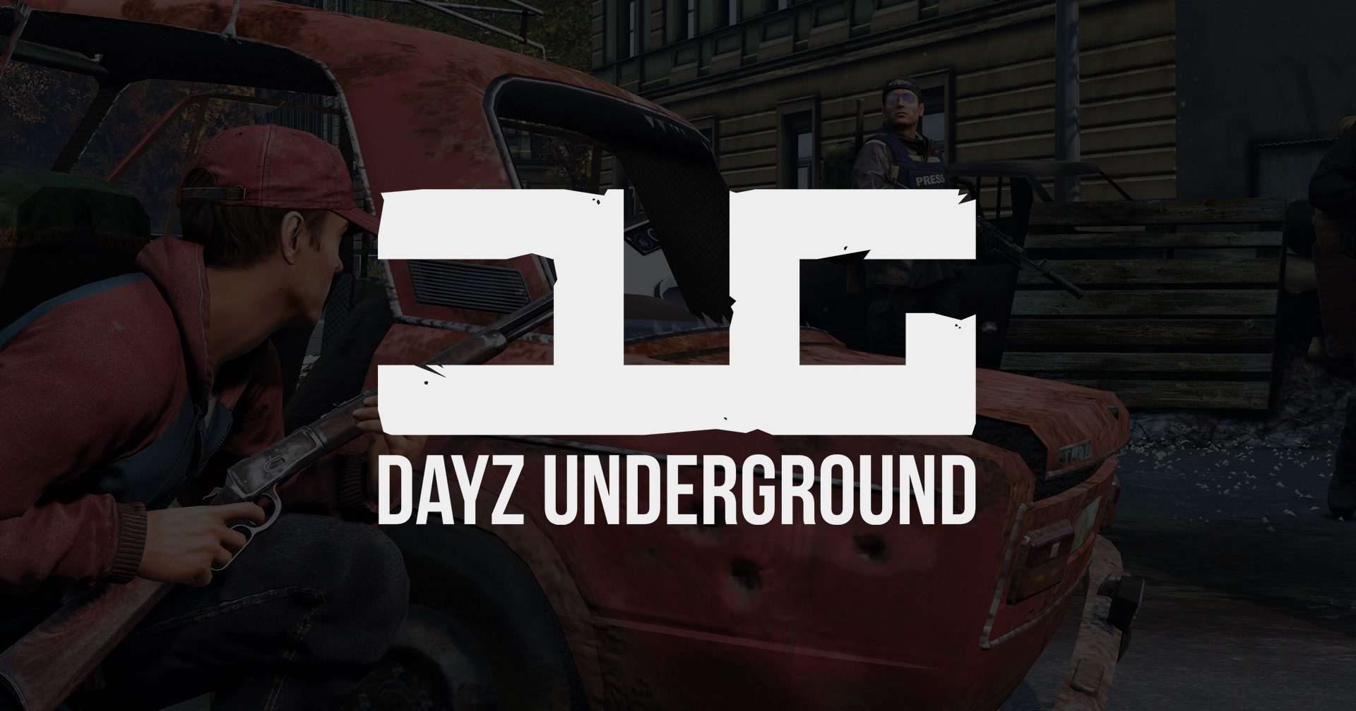 DayZ character crouched behind a red car with the DayZ Underground logo on top