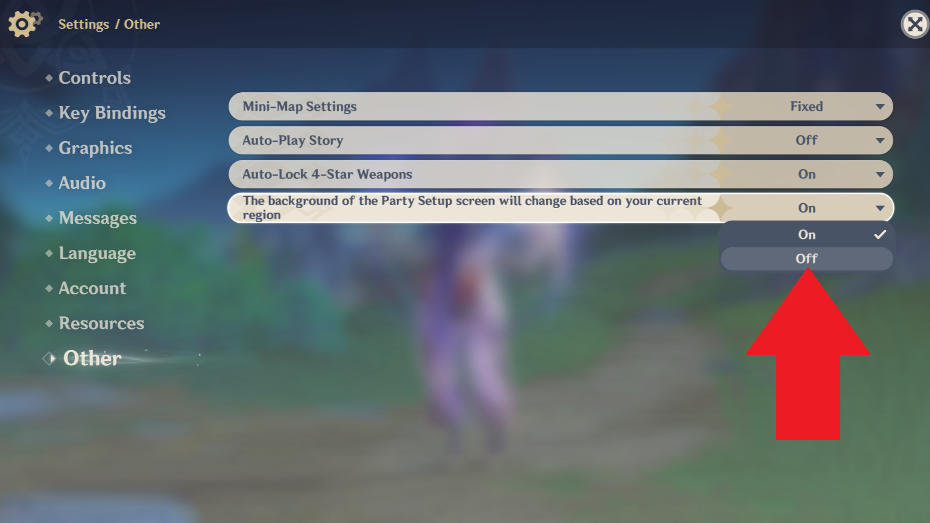 The other section of the settings page with "The background of the party setup screen will change based on your current region" selected.