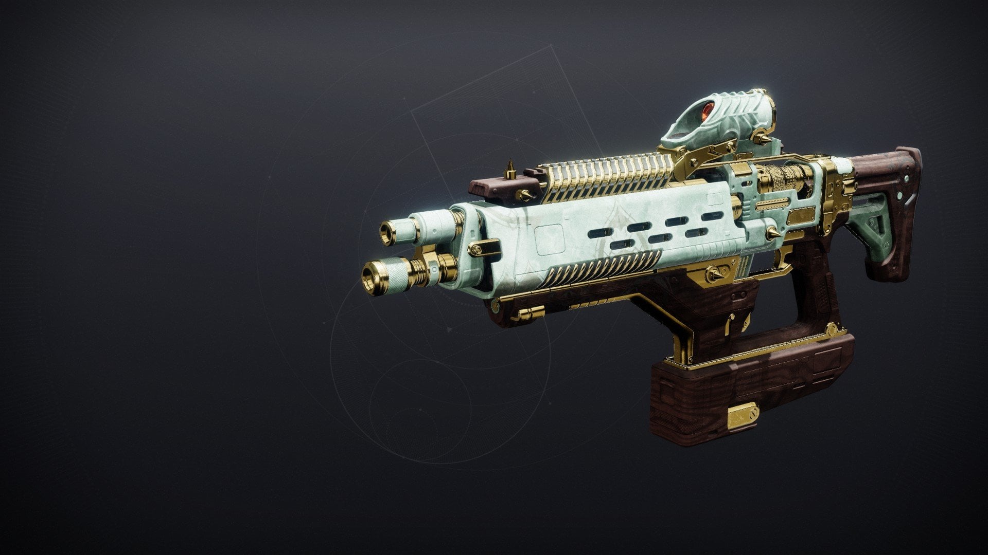 The Eremite fusion rifle from Destiny 2. The stock and grip have a wooden finish, while the barrel is a very pale green and the rail is a metallic gold.
