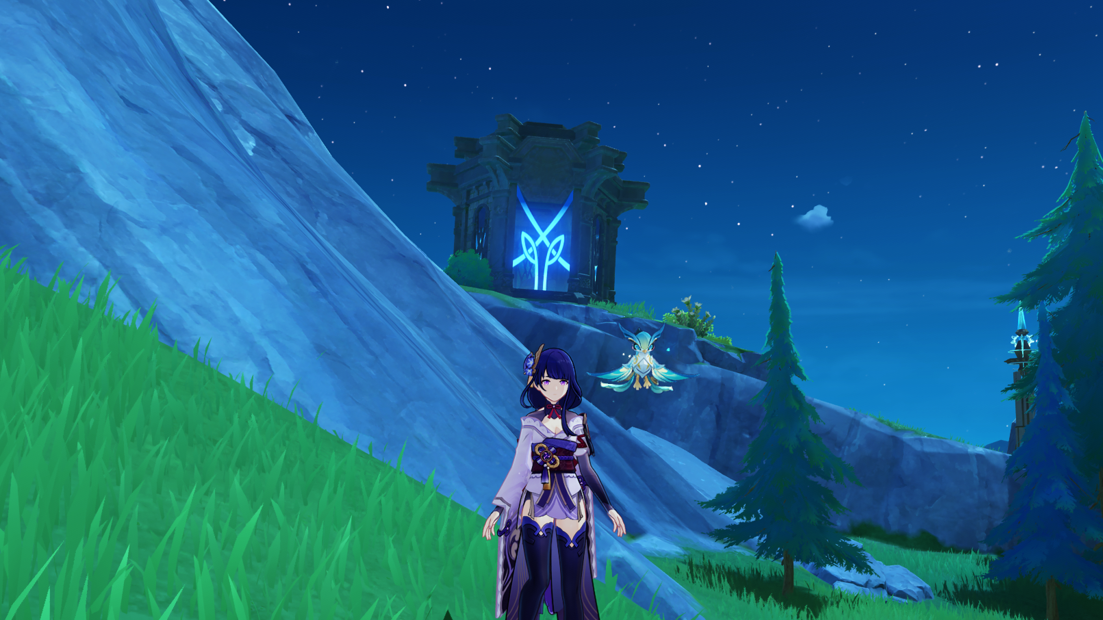 Raiden Shogun standing with a Shrine of Depths on a hill above her in the distance.