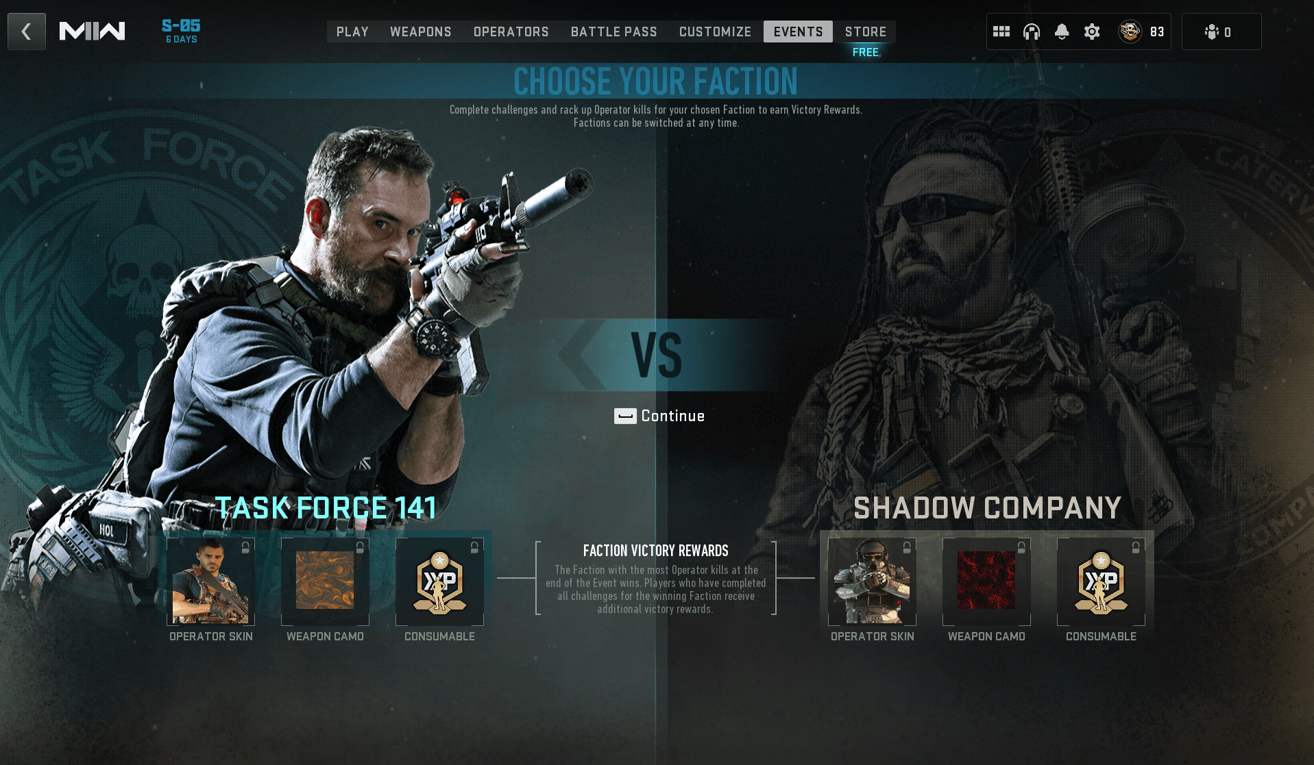 The Faction showdown event home page in Call of Duty Modern Warfare 2.