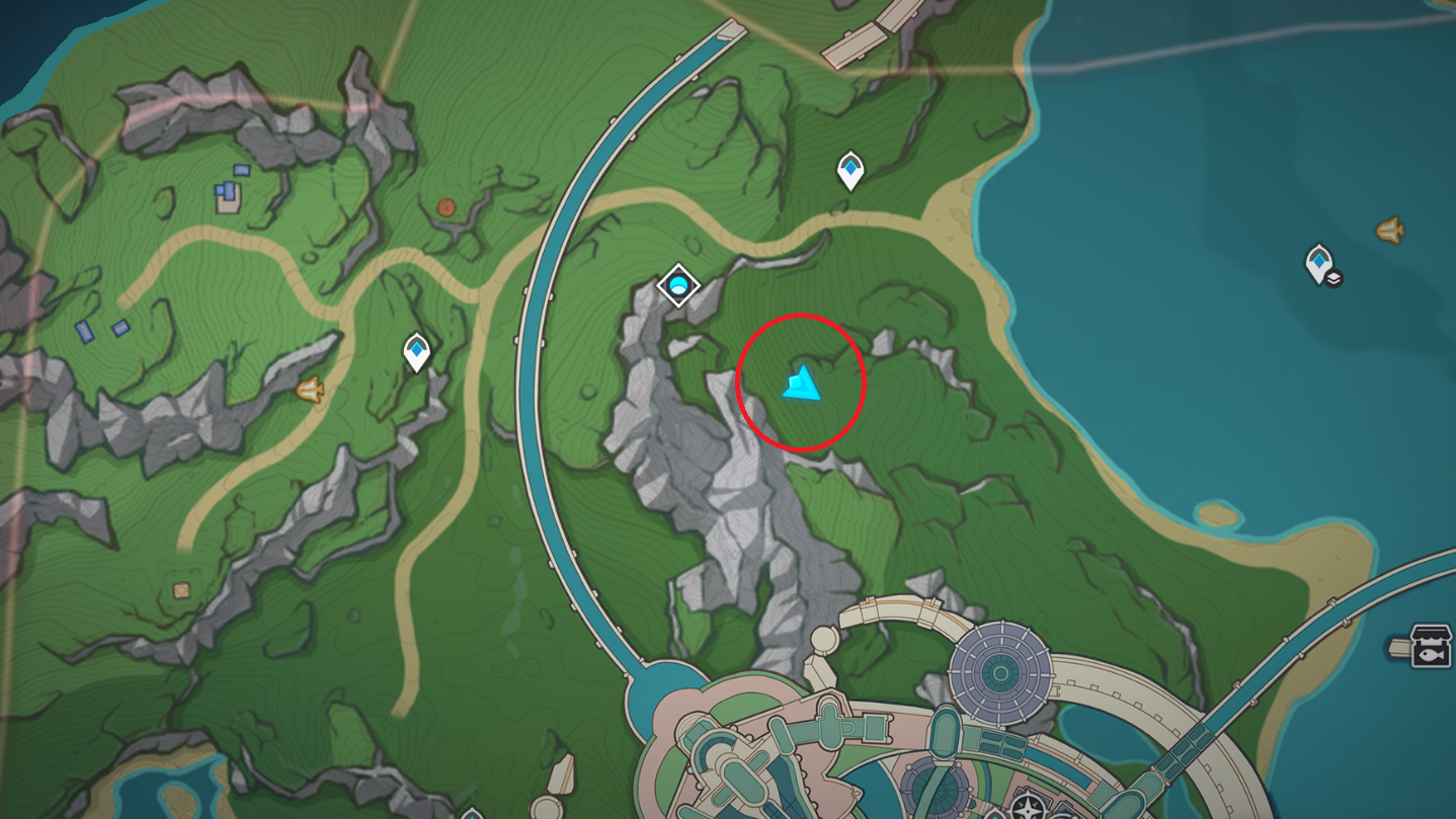 A map of behind the Court of Fontaine area with the Shrine of Depths location circled.