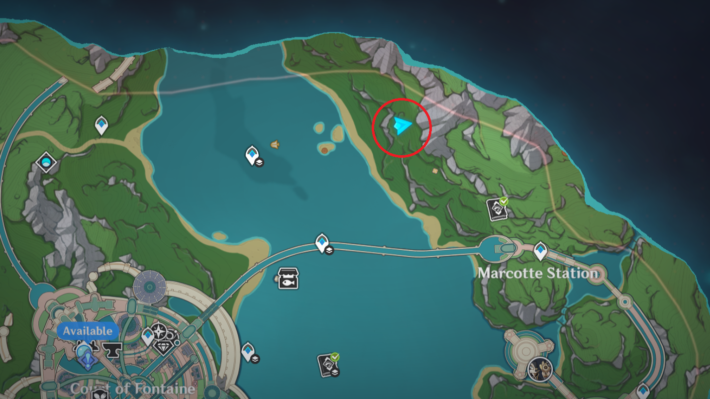 A map of the Marcotte Station area with the Shrine of Depths location circled.