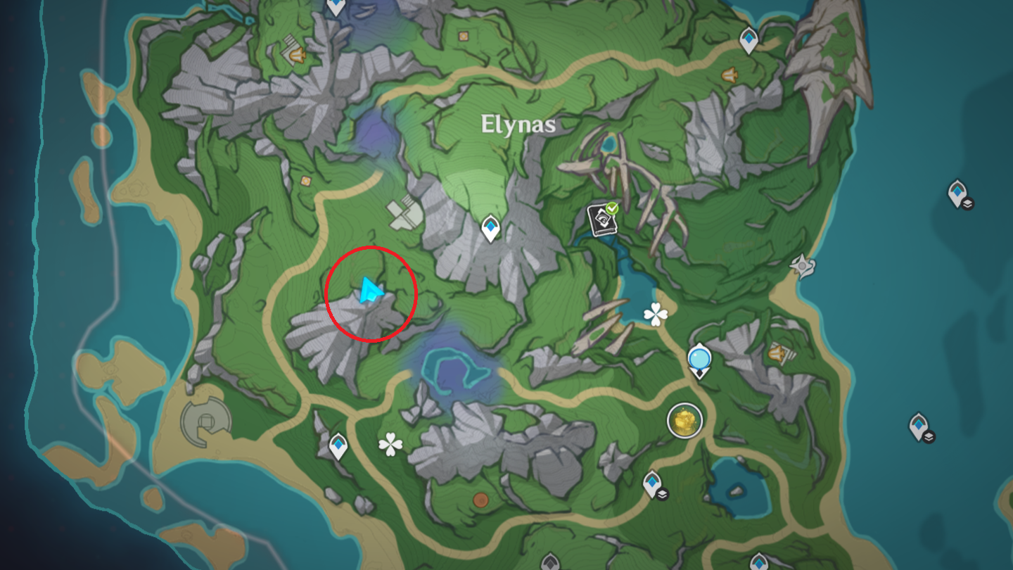 A map of the Elynas area with the Shrine of Depths location circled.