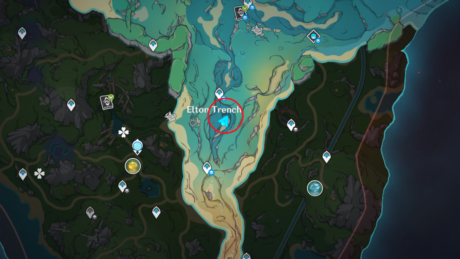 A map of the Elton Trench area with the Shrine of Depths location circled.