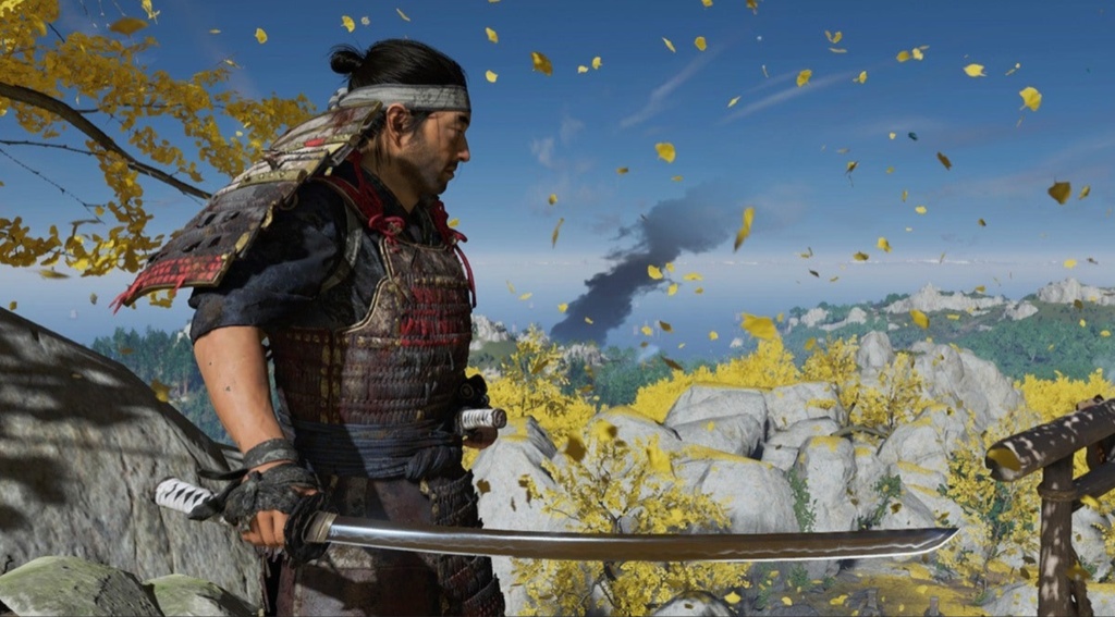 jin sikai wielding his blade with a setting overlook over a mountain with smoke in the back
